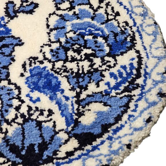 Vtg MCM 50s Latch hook Rug Circle‎ Blue Floral Handmade Cottage Shabby 32" Round - Picture 9 of 15